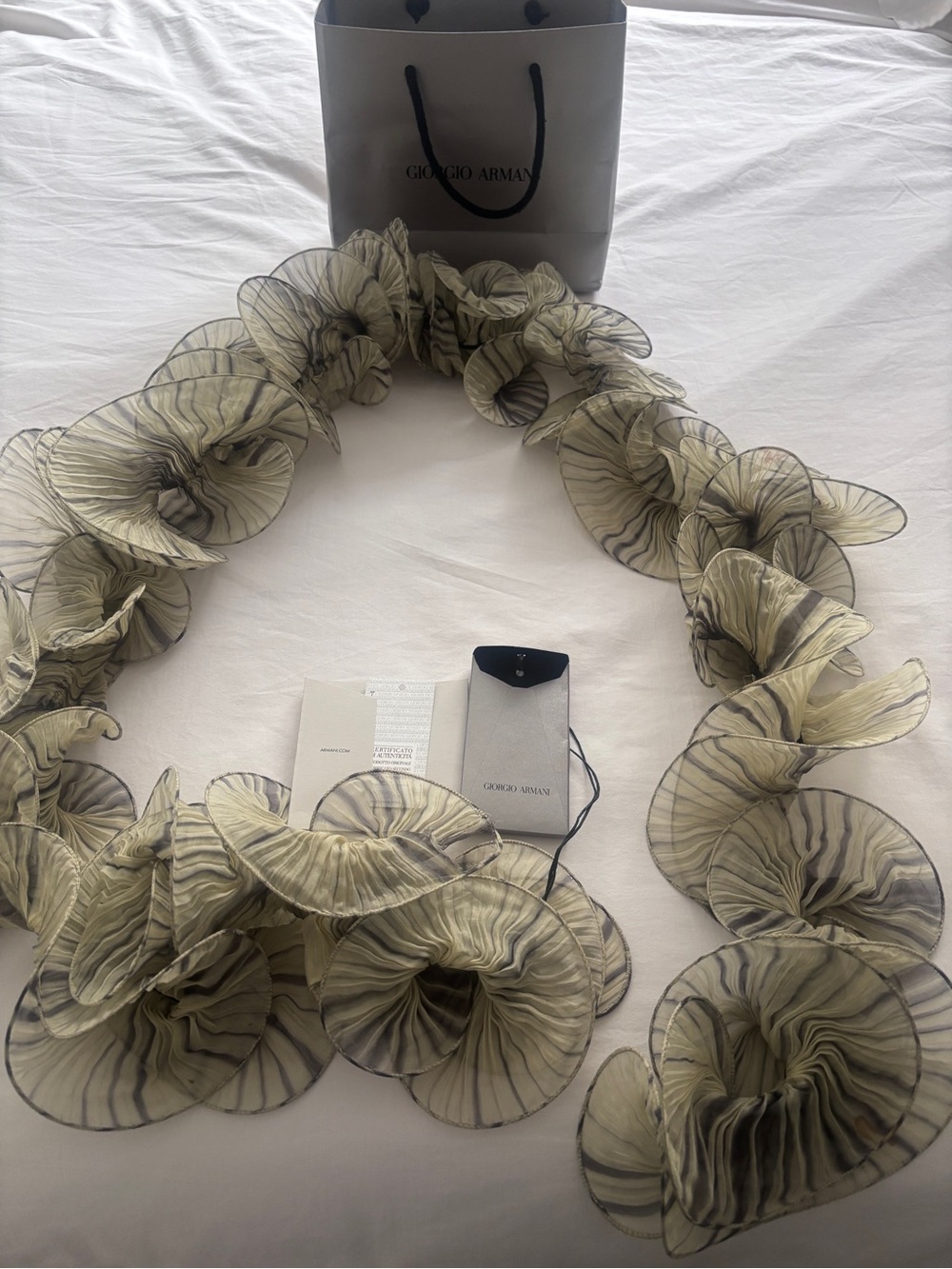 Giorgio Armani Olive-Green Ruffled Organza Scarf with Dark Trim